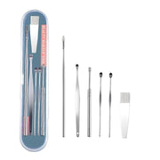 Set of ear wax removal tools with a carrying case on a white background