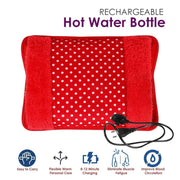Red hot water bottle with polka dot pattern and charging cable