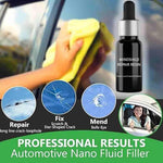 Load image into Gallery viewer, Automotive nano fluid filler with bottle and cleaning cloth, showing repair capabilities on a car windshield.
