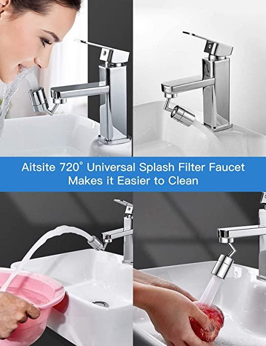 Splash Filter Faucet, 720? Rotatable Faucet Sprayer Head with Durable Copper, Anti-Splash, Oxygen-Enriched Foam, 4-Layer Net Filter, Leakproof Design with Double O-Ring