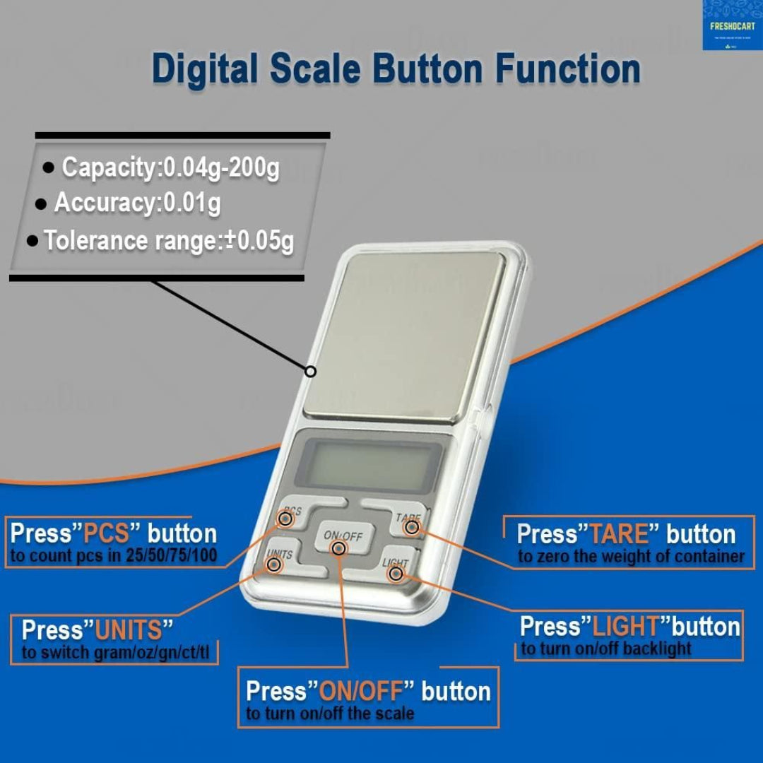 Digital scale with labeled buttons and specifications
