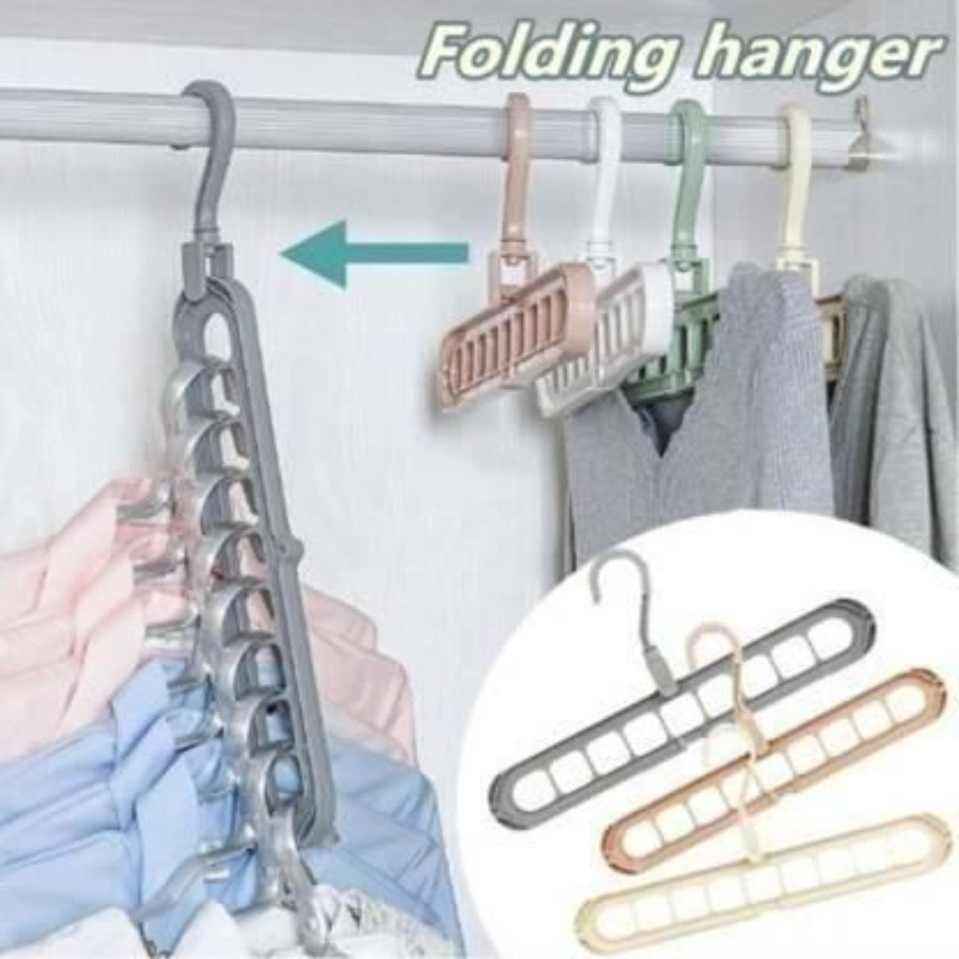 Folding hanger with multiple hooks on a rack, for hanging clothes.