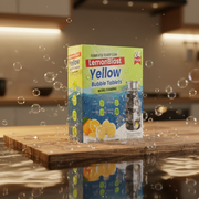 Box of Lemon Blast Yellow Bubble Tablets on a reflective surface with bubbles